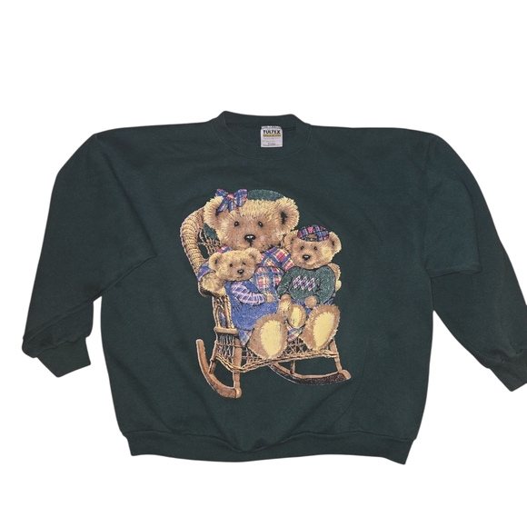 Vintage Dark Green Sweater with Bear Family Design Sizr XL - Picture 1 of 7